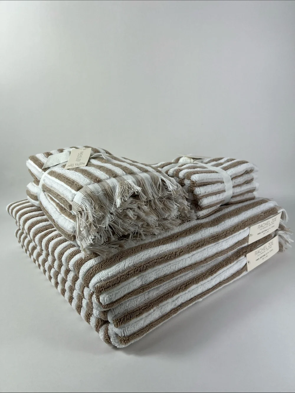 Rachel Zoe Bath Towel Set Beige White Striped with Fringe Soft Cotton 8 Pc NEW